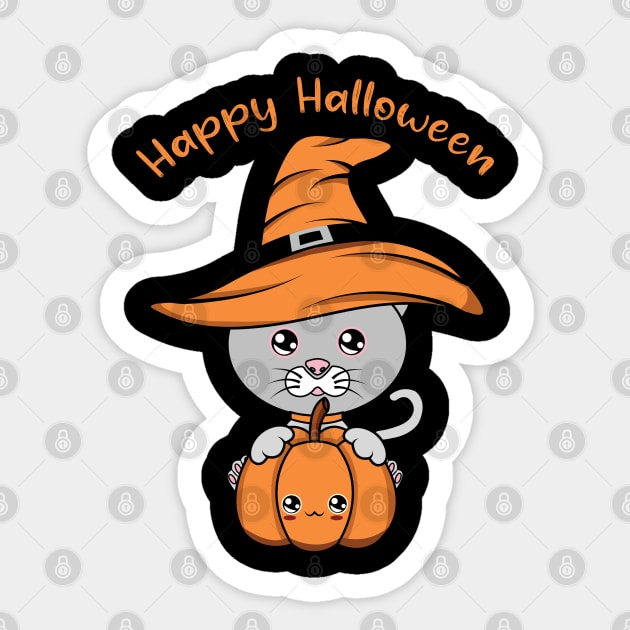 Happy Halloween Cute Cat, Kawaii black cat with pumpkin Sticker by JS ARTE